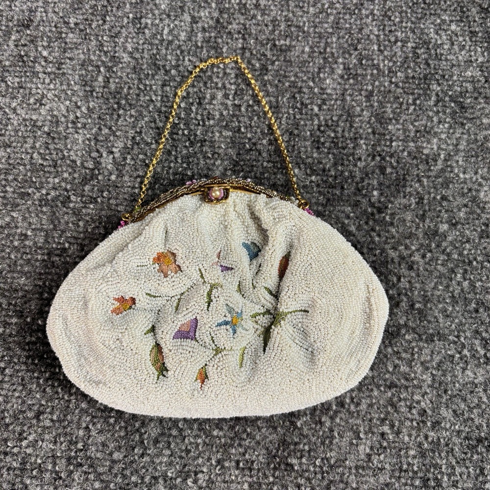 Vtg. 40s Glass Micro Beaded Handbag Floral Purse, Beaded Clasp French?
